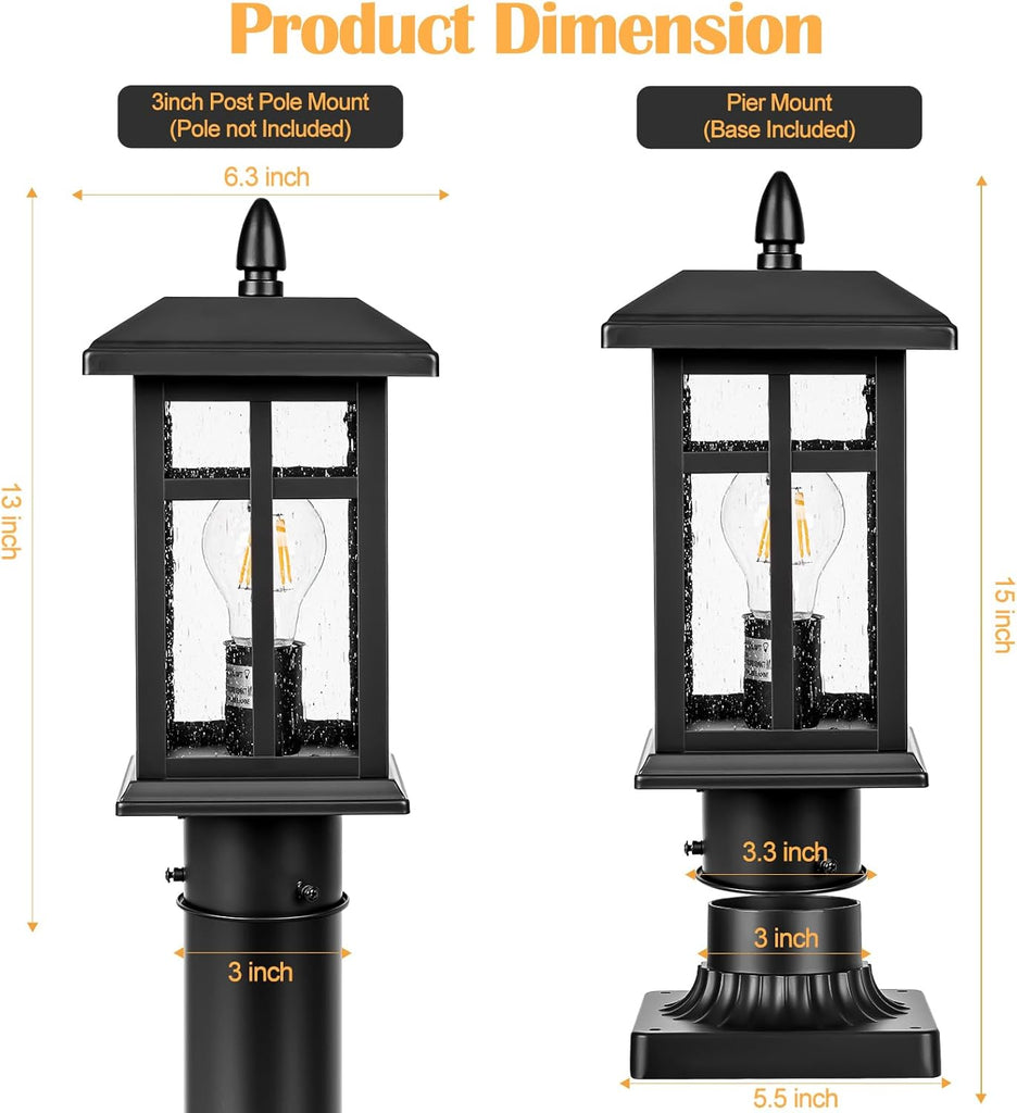 2 Packs Outdoor Post Light, Black Pole Lantern Lighting Fixture with Pier Mount Base
