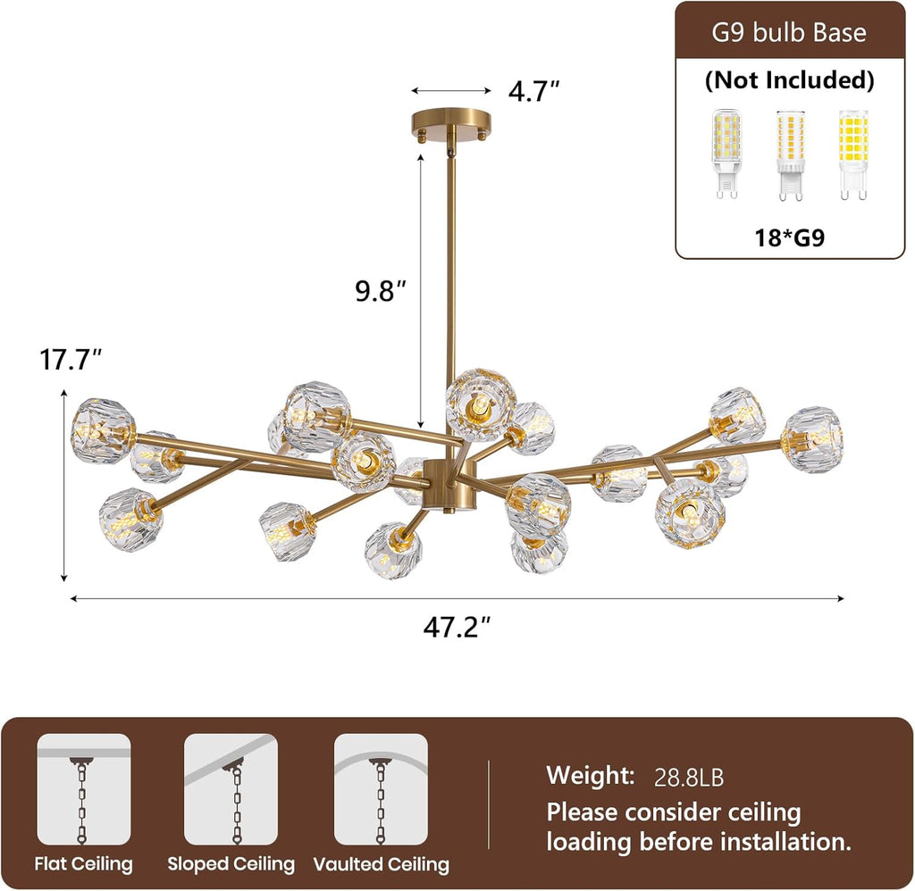 Sputnik Chandelier for Dining Room Light Fixture, 18-Light Gold Mid Century Modern Crystal Chandelier for Kitchen Island Bar Living Room, Dia 47.2"
