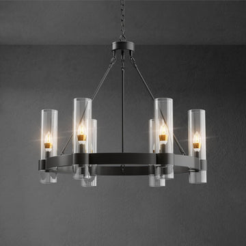 Inspired Ravelle Style Black Wagon Wheel Chandelier, Modern Chandelier with Glass Shade, 6-Light Large Round Chandelier, Farmhouse Chandeliers for Dining Room, Living Room, Bedroom and Entryway