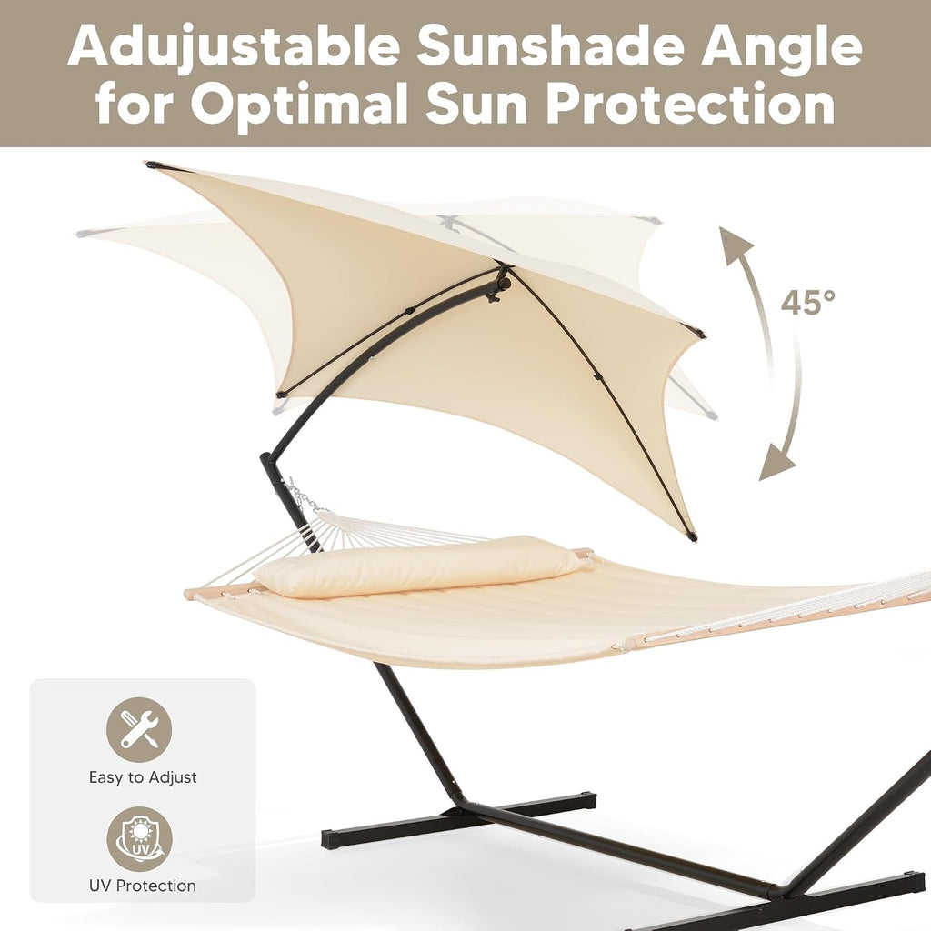 Portable Outdoor Hammock with Stand, Sun-Protective Canopy, Beige | Double Hammock with Stand for Outside, Patent