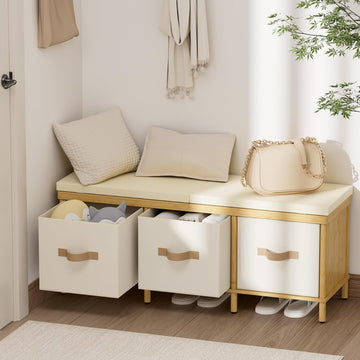 Storage Bench, 43.3" Bamboo Storage Chest with 3 Drawers, Entryway Bench with Cushioned Seat, End of Bed Bench with