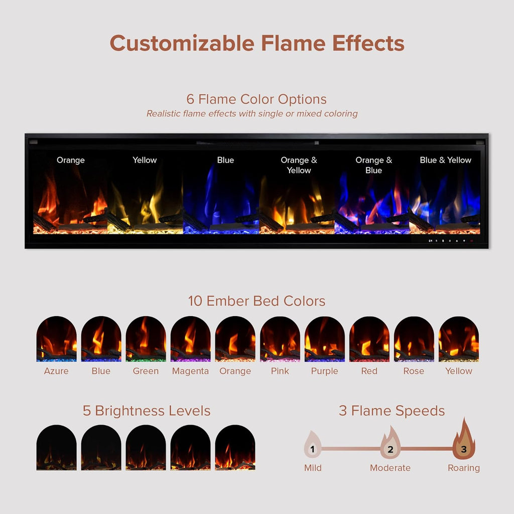 Modern Ember Aerus 72 Inch Smart Linear Electric Fireplace | Recessed in-Wall or Wall-Mount | LED Multiple Flame