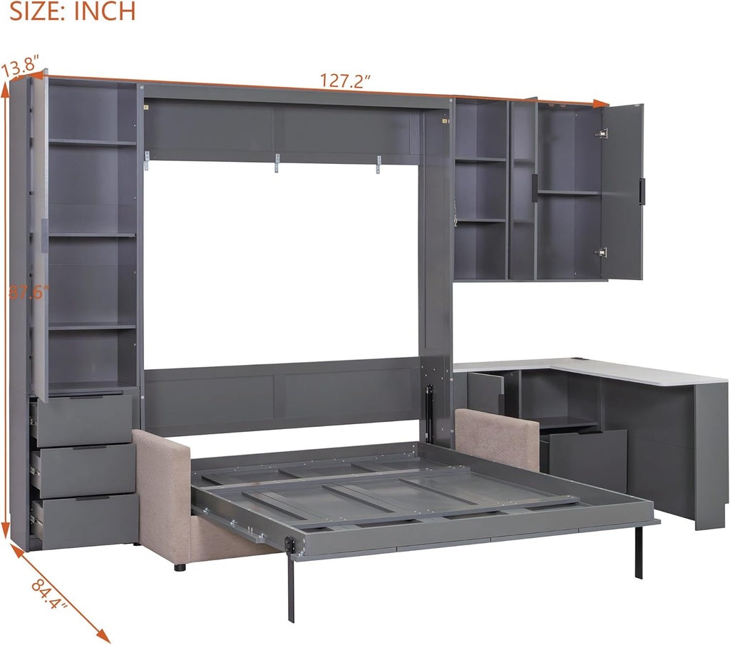 Queen Wood Murphy Bed with Upholstered Sofa & Desk, Multifunctional Foldable Wall Platform Bed w/USB Charging Station