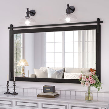 Farmhouse Bathroom Mirror, 48"x30" Black Rustic Bathroom Mirrors