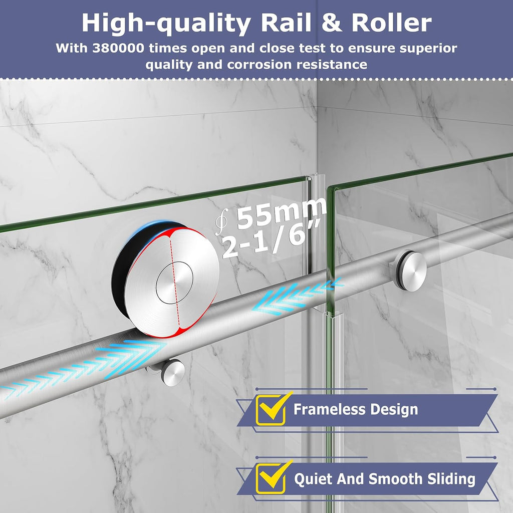 55"- 60" W x 76" H Soft Closing Sliding Frameless Shower Doors, Nano Explosion-Proof Film Shower Glass Door