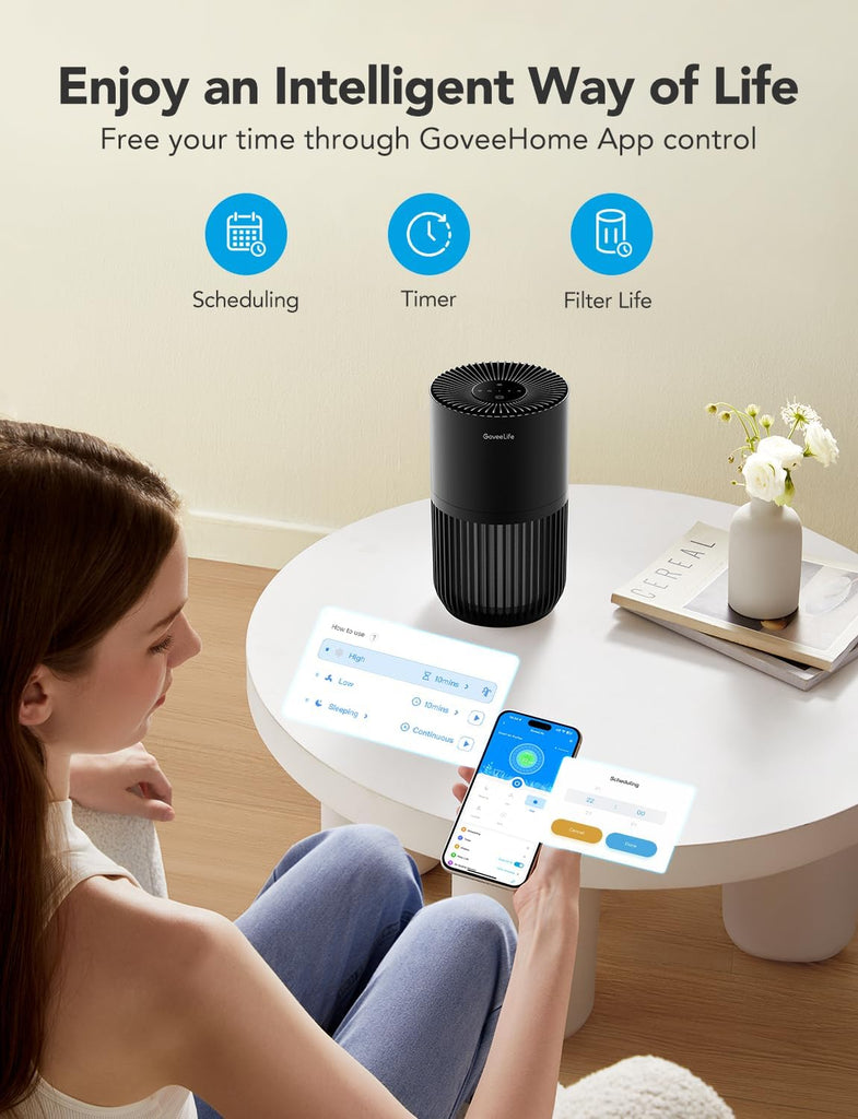 Mini Air Purifier for Bedroom, Smart Filter Air Purifier with App Alexa Control for Pet Hair, Odors, Pollen, Smoke