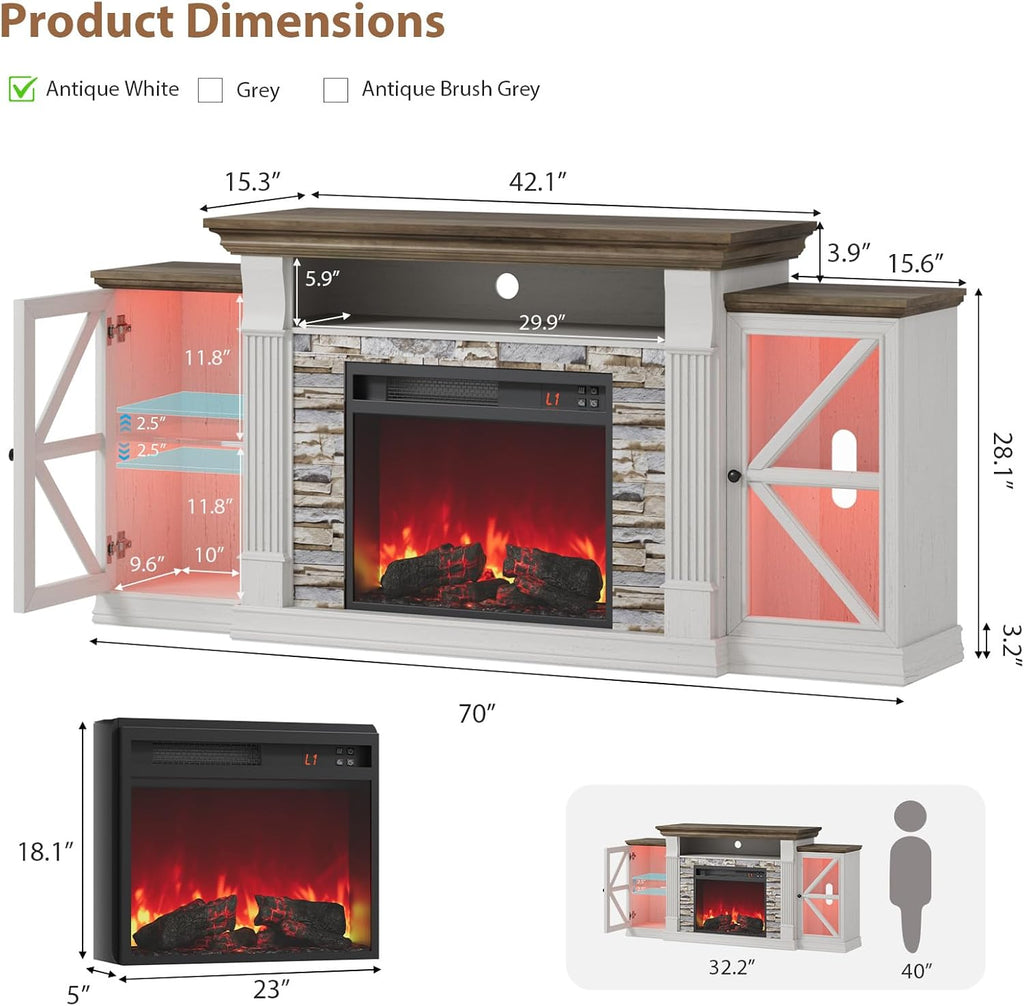 Electric Fireplace TV Stand, 70" Farmhouse Entertainment Center with Open Shelf and Glass Barn Door Cabniet, Modern