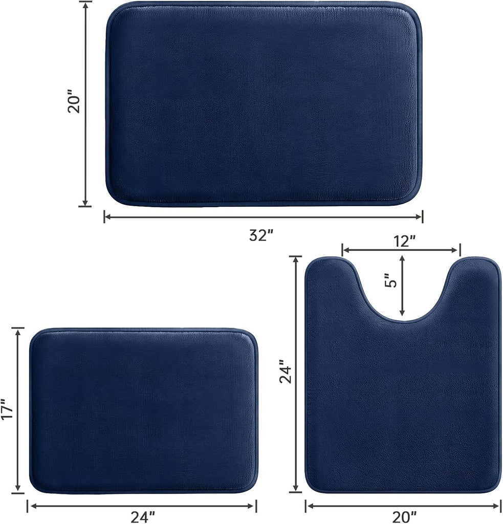 3-Piece Memory Foam Bathroom Rug Set, Navy | Quick Dry Velvet Surface, Non-Slip & PVC Backing, Ultra Soft Bath Rugs