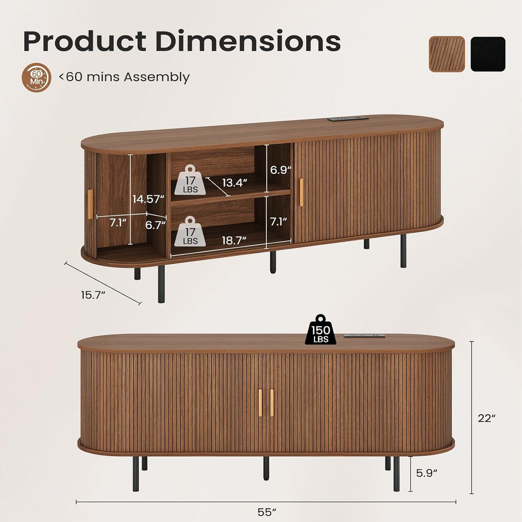 55" Mid-Century Modern TV Stand with Power Outlet, Entertainment Center for TVs up to 60", TV Stand Cabinet with Storage for Living Room, Kitchen/Entryway,Adjustable Shelves,Easy Assembly (Walnut)