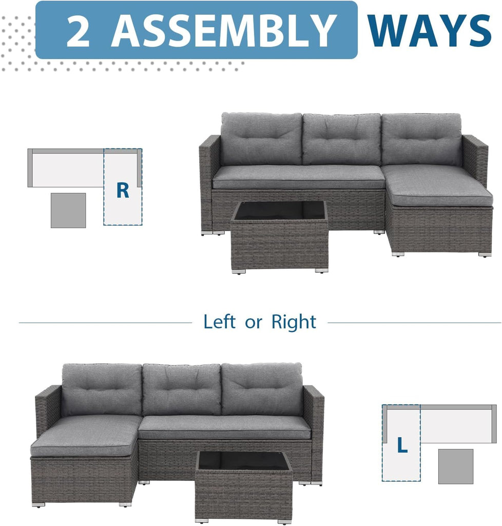 3-Piece Patio Furniture Set, Outdoor Wicker Rattan Sectional Sofa & Patio Couch with Cushions