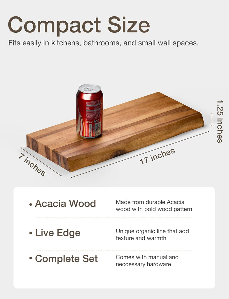 17" Acacia Live Edge Floating Shelves, Wooden Floating Shelves for Wall - Set of 2 Floating Book Shelves, Book Shelf