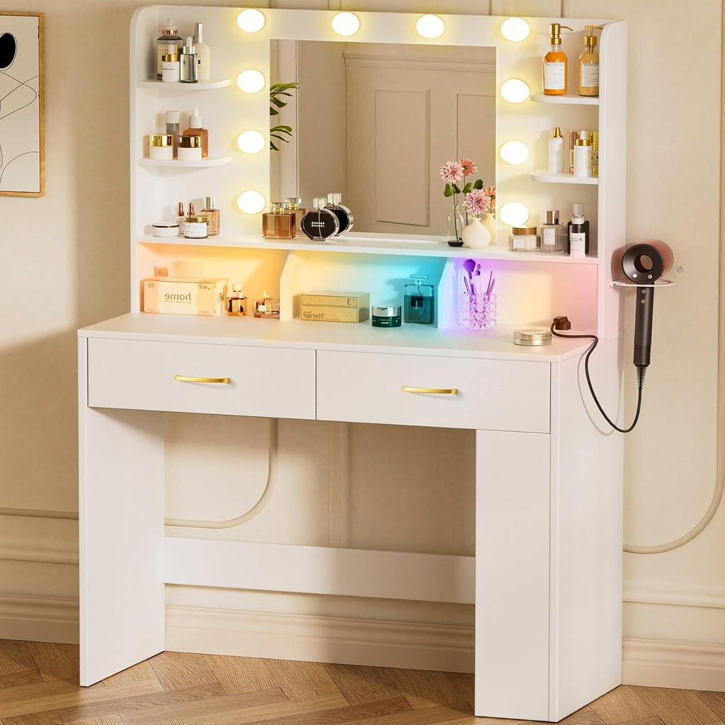 Vanity Desk with LED Lights Mirror & Charging Station, White Makeup Vanity with Storage Drawers and Shelves, Modern