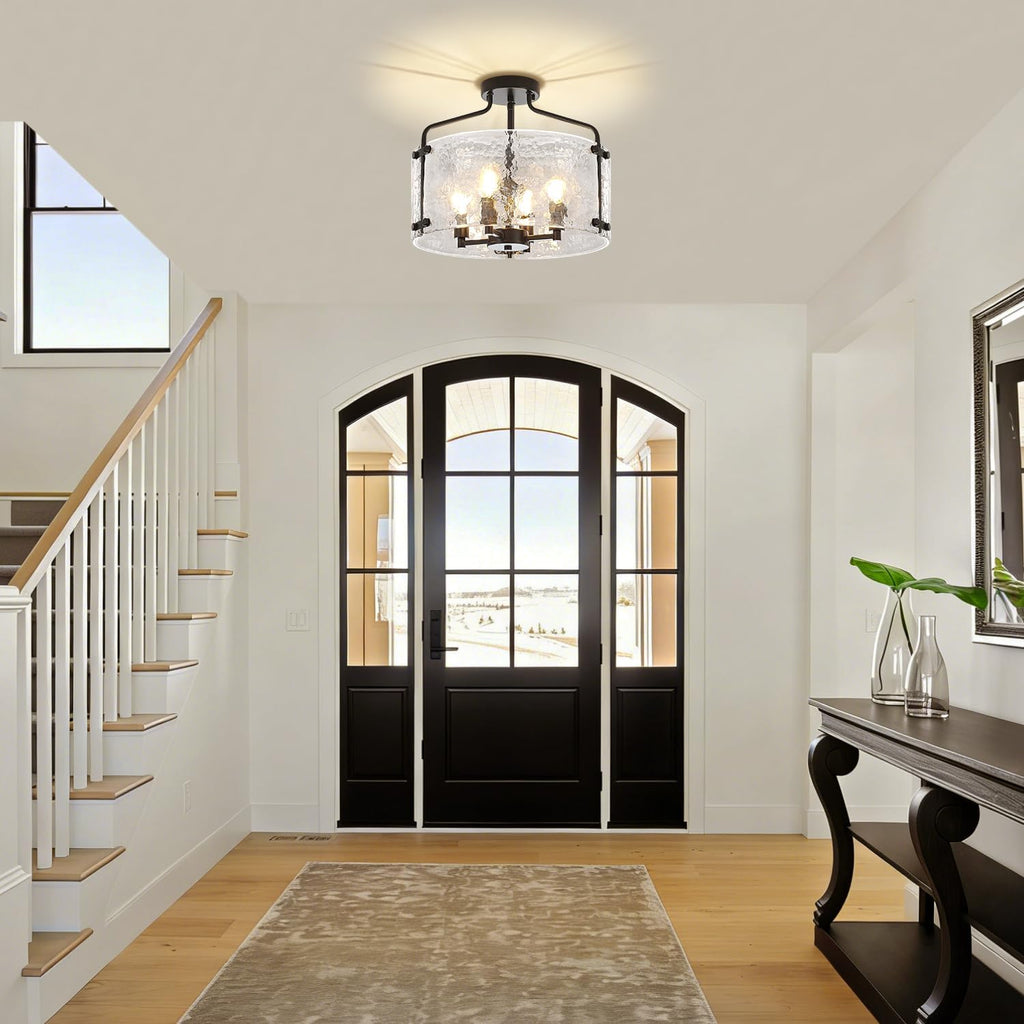 4-Light Modern Black Semi Flush Mount Ceiling Light, 15.35" Thick Hammered Glass Entryway Light Fixture Drum