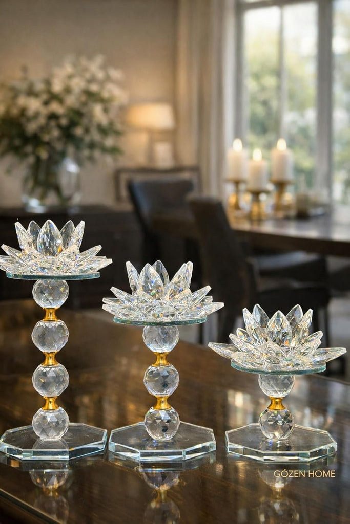 Quality Crystal Lotus Candle Holder Set 3 Piece Gold Detail Decorative Accent piece for Tables and Shelves Refined