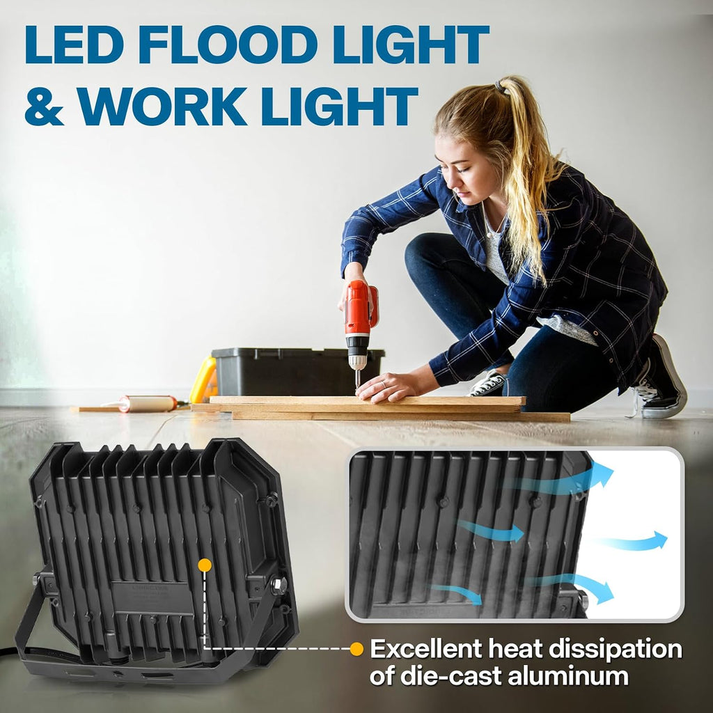 2 Pack LED Flood Lights Outdoor, 100W 10000LM Super Bright Floodlight Outside Work Light with 5.9FT Plug, IP65