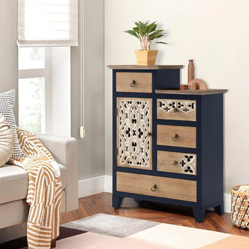 Farmhouse Accent Chest with Carved Door and 5-Drawers, Vintage Storage Cabinet Modern Dresser , Multi-Drawer