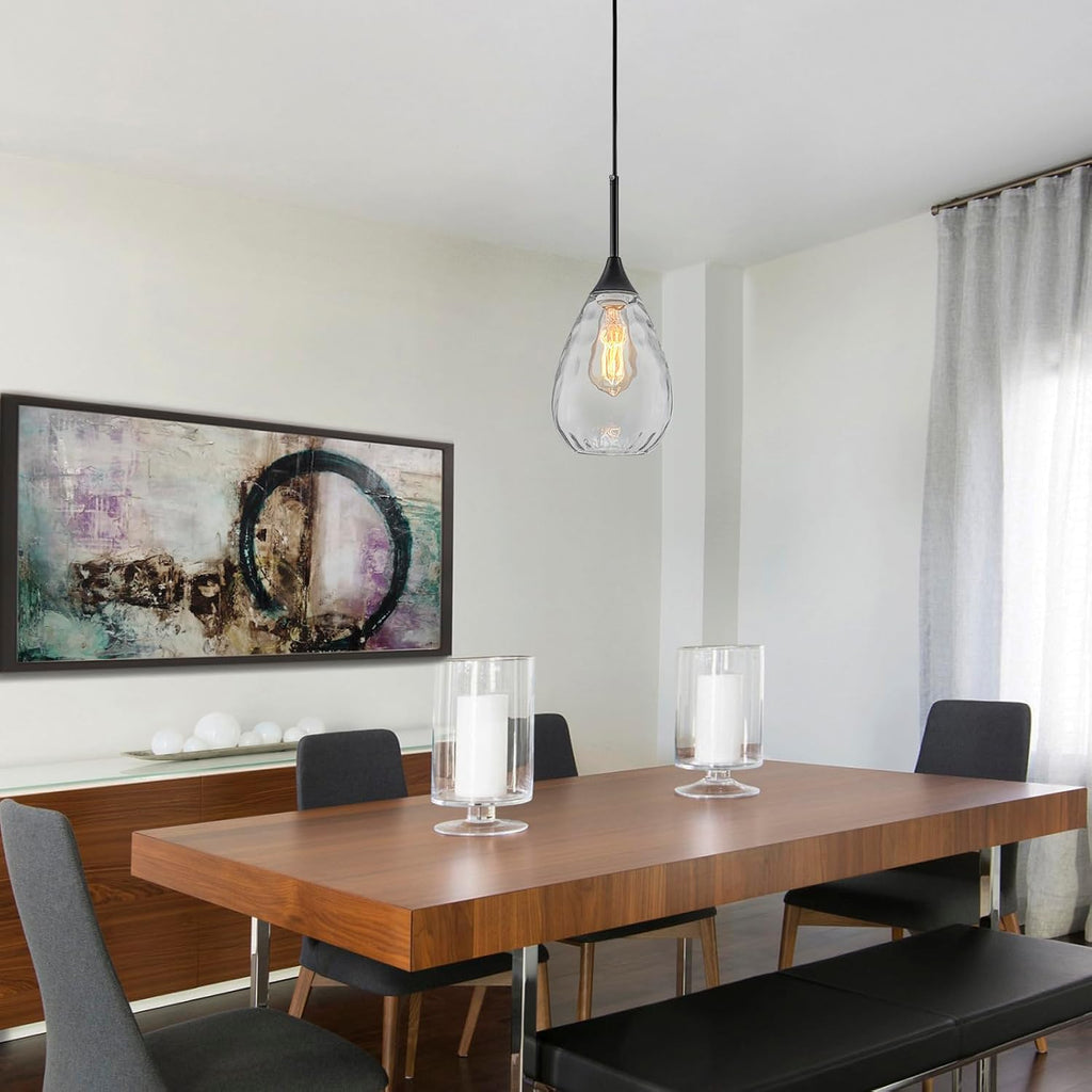 6.3" Glass Pendant Lights Kitchen Island,Modern Black Pendant Lights with Clear Water Ripple Glass Shade,1-Light