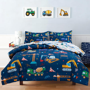 Cars Boy Bedding Comforter Set with Sheets, Cartoon Construction Car Excavator Print Kids Bed