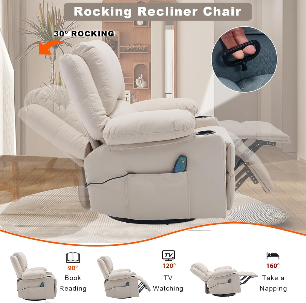 Leather Swivel Rocker Recliner Massage Nursery Rocking Glider Chair, White | Wide Seat, Overstuffed, Cup Holders