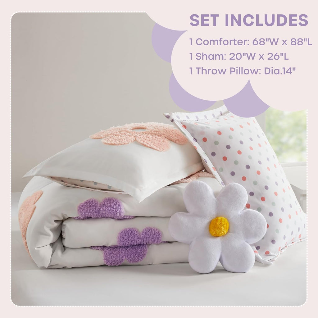 Kids Comforter Set for Girls, Tufted Chenille Floral Comforter Set, Lightweight Polka Dot Comforter