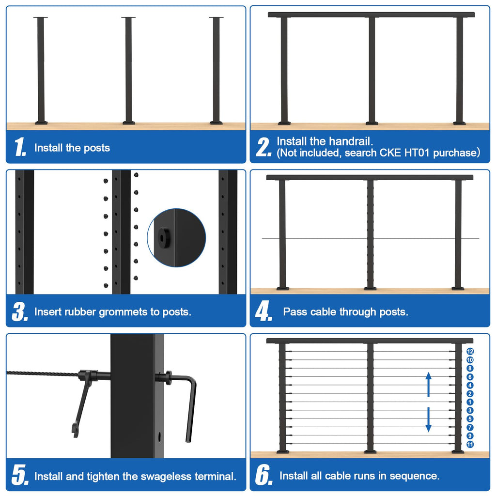 10ft-15ft Complete Set 42" Cable Railing Post Kit, 3Pack Black Level Drilled Line Posts(35"x2"x2"), Swageless Deck