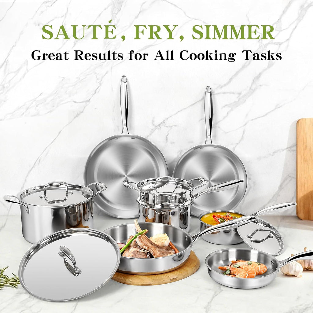 Triple Ply Stainless Steel Pots and Pans Set, 12 Piece Induction Cookware Set, Oven Dishwasher Safe | Frying Pans