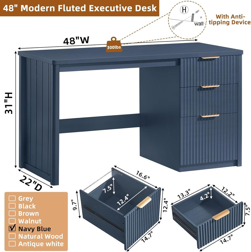 Office Desk 48" with 3 Drawers Storage File Cabinet Wood Fluted Desk for Computer Office Bedroom Home Furniture Blue