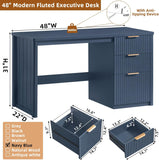 Office Desk 48" with 3 Drawers Storage File Cabinet Wood Fluted Desk for Computer Office Bedroom Home Furniture Blue