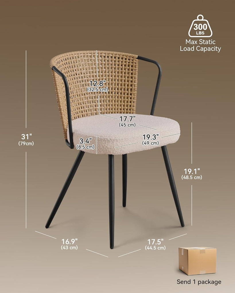 Rattan Dining Chairs Set of 2 - Farmhouse Upholstered Cane Back Kitchen Chair with Boucle Cushion