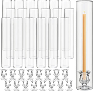 24 Set Glass Hurricane Candle Holders 11.8" Open Ended Glass Candleholder Tube Shape Bottomless and 1.9" Taper Clear