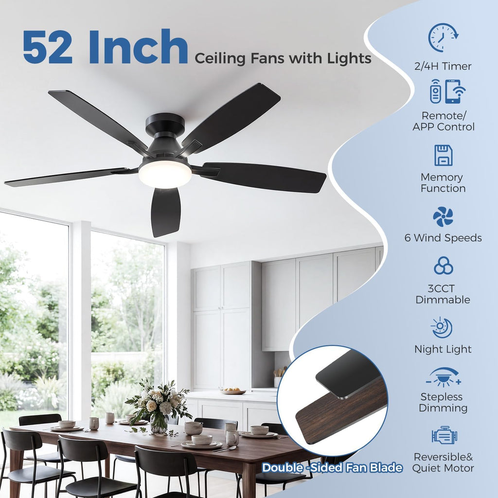 52 Inch Ceiling Fans with Lights, Remote & App Control, Quiet Reversible DC Motor, 6 Speeds, Dimmable 3CCT LED Light