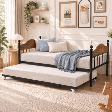 Twin Daybed with Trundle, Twin Bed Frame with with Stylish Headboard, Heavy Duty Steel Slats Platform, Brown