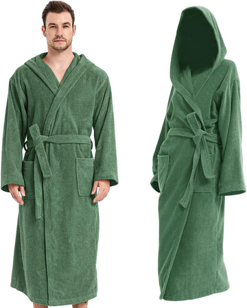 Mens Robe with Hood, Plush Cotton Bathrobe,Soft Terrey Cloth Bath robe, Absorbent Hooded Robe for Shower Spa