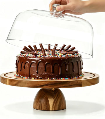 Acacia Wood Cake Stand with Acrylic Dome Lid,12 inch Round Dessert Table Display Set,2-In-1 Cake Plate with Cover