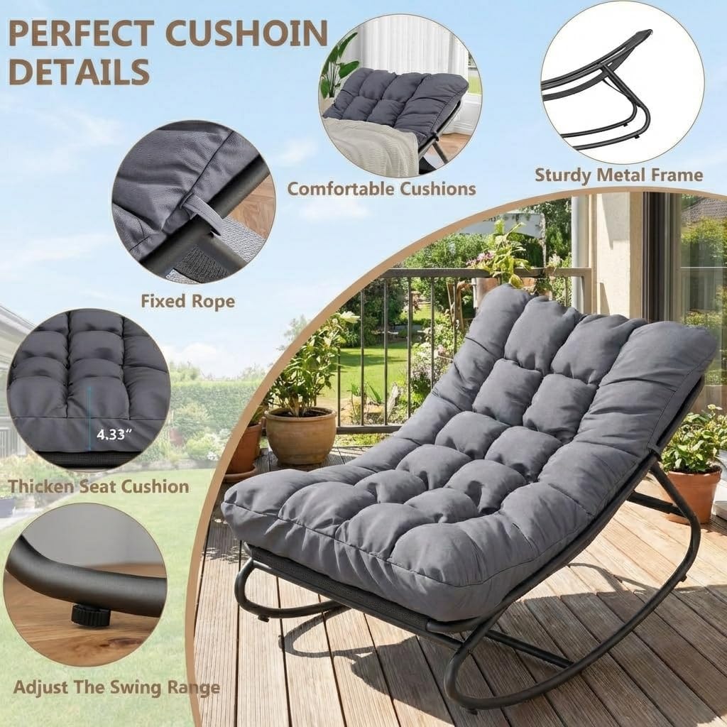 Outdoor Papasan Rocking Chair, Oversized Metal Frame Egg Rocker with Thick Waterproof Cushion, 450 lbs, Comfy Lounge