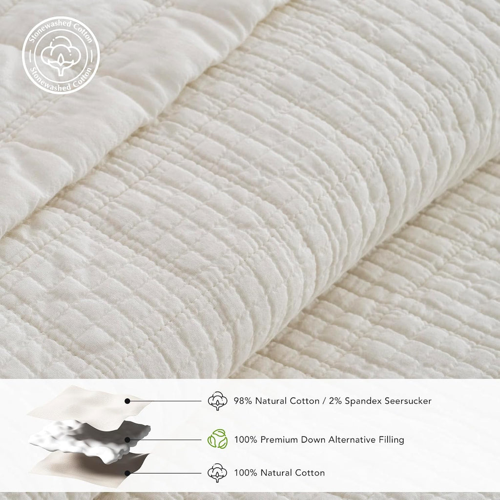 Cotton Quilt Set King, Ultra Soft Oversized Bedspread Coverlet Set, Lightweight Crinkle Box Stitch