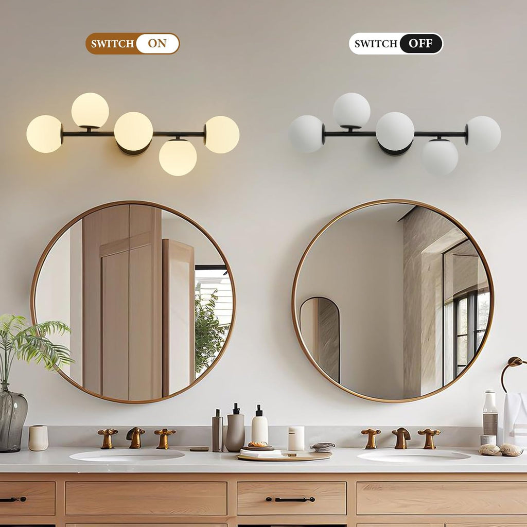 27" Mid Century Modern White Globe Black LED Bathroom Vanity Light | Matte Black Finish, Sleek Mid Century Modern