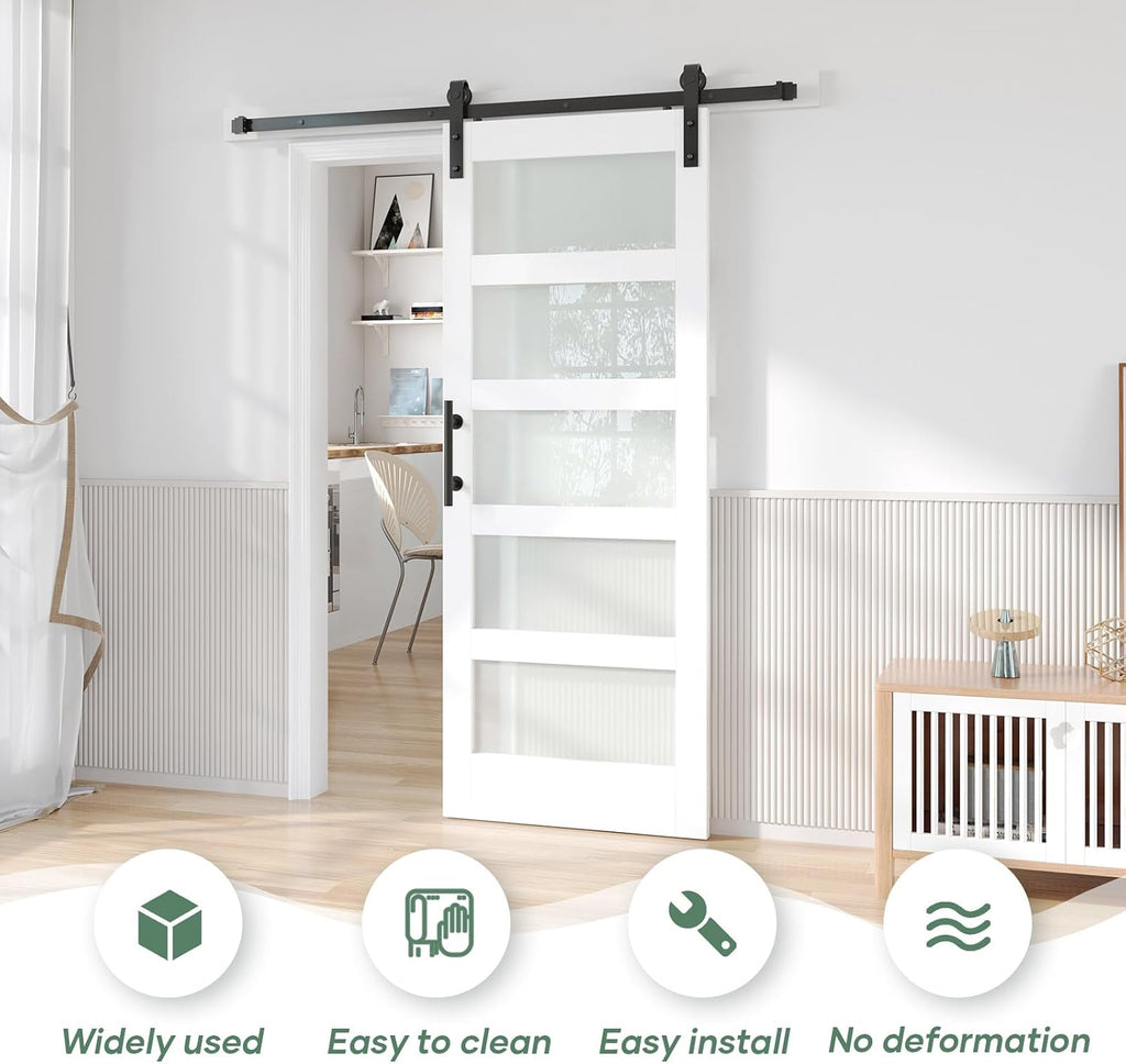 32x80 White Glass Barn Door with 5.5FT 66inch Sliding Doors Hardware Kit Included & Handle,PVC Surface,Water-Proof