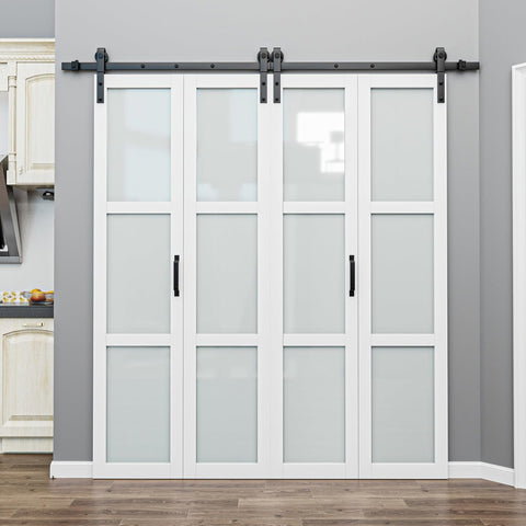64" x 84" Frosted Glass Bifold Sliding Barn Door with Hardware Kit Included, Pre-Assembled Solid Cor