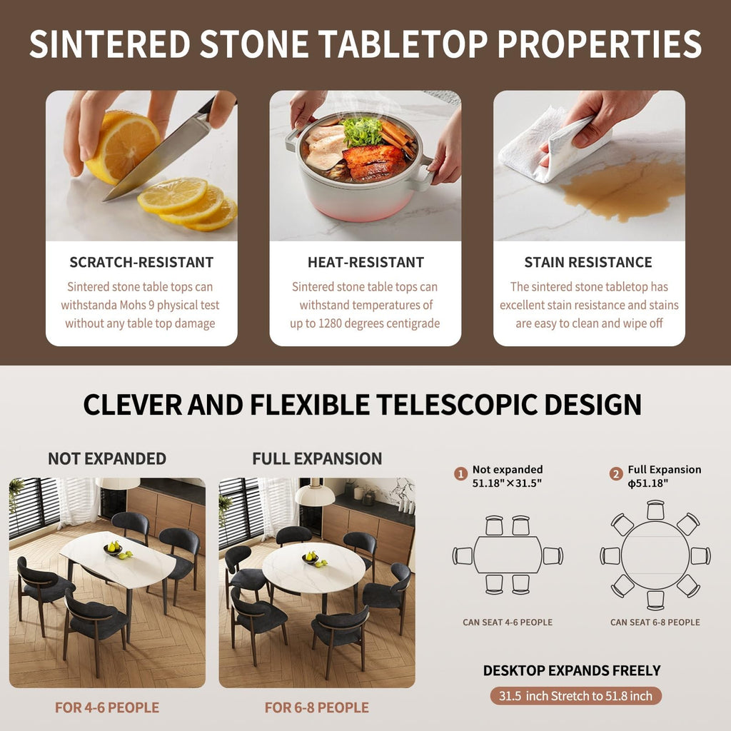51.2"Expandable Round Dining Table, Sintered Stone Extendable Dining Table for 4-6, Modern Round Dining Room Table
