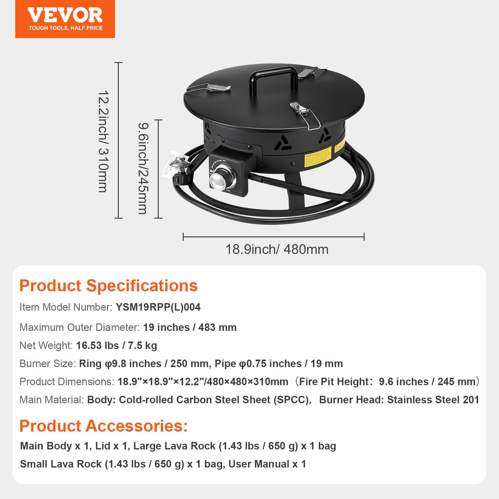 Propane Fire Pit, 19-Inch Diameter Outdoor Portable Gas Fire Pit with Cover & Lava Rocks, Adjustable Flame Height
