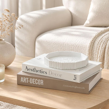 Decorative Concrete Tray & Linen Faux Book Box Set, Scalloped Coffee Table Tray with Hidden Storage, Beige Modern
