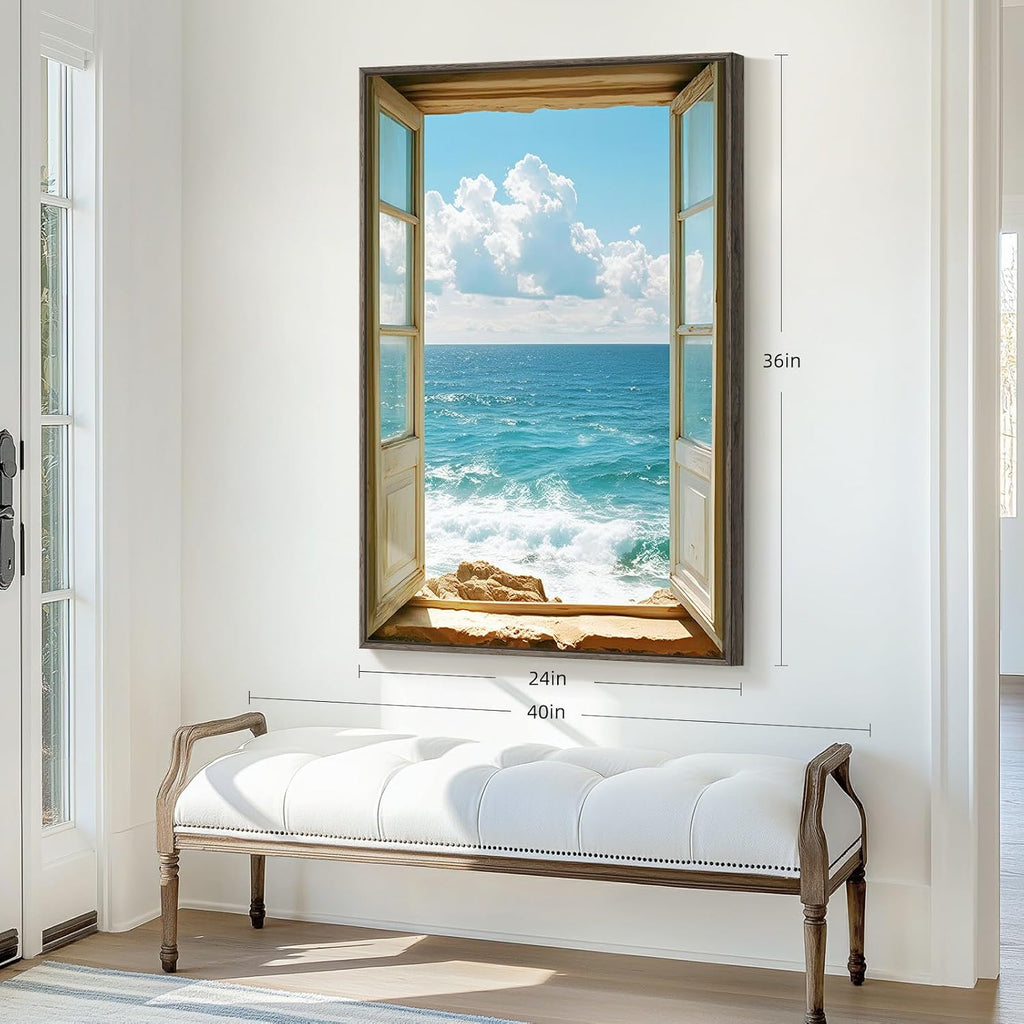 Framed Window Beach Scene Wall Art, Blue Ocean Vertical Coastal Canvas Painting Prints, Summer Seascape Wave Artworks