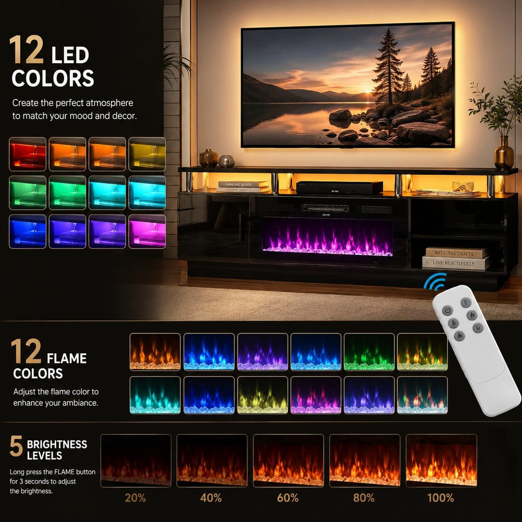 70" TV Stand for Living Room, Modern Entertainment Center & Media Console, Fits TVs up to 80", Storage Cabinet with Shelves, 36" Electric Fireplace with LED Flame (All Black)