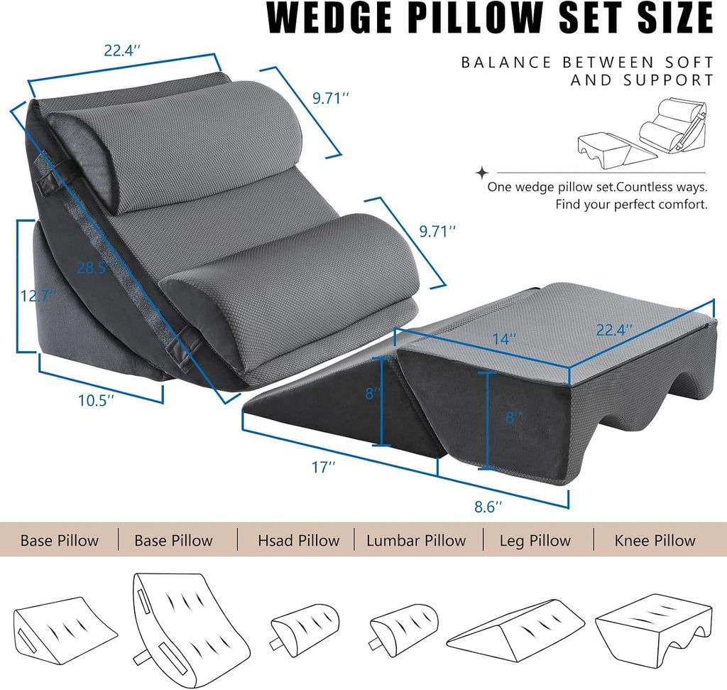 6-Piece Upper Body Rest Wedge Pillow Set for Post-Surgery, Grey | Orthopedic Memory Foam Support, Elevated for