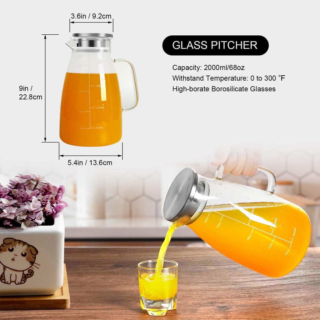 68oz Glass Pitcher with Lid, 2 Liter Glass Water Pitcher with Handle and Lid, Ice Tea Pitcher, Heat Resistant