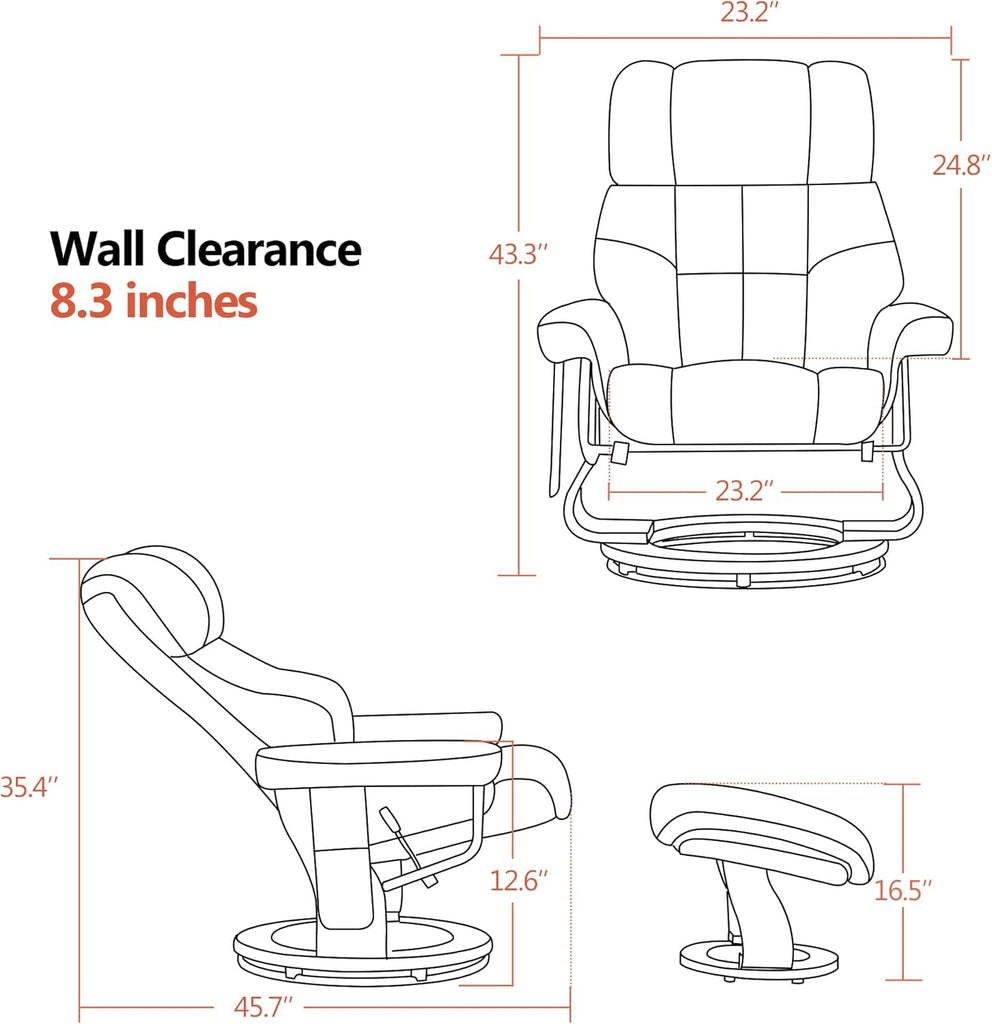 Modern Reclining Swivel Lounge Chair and Ottoman — Cognac Faux Leather