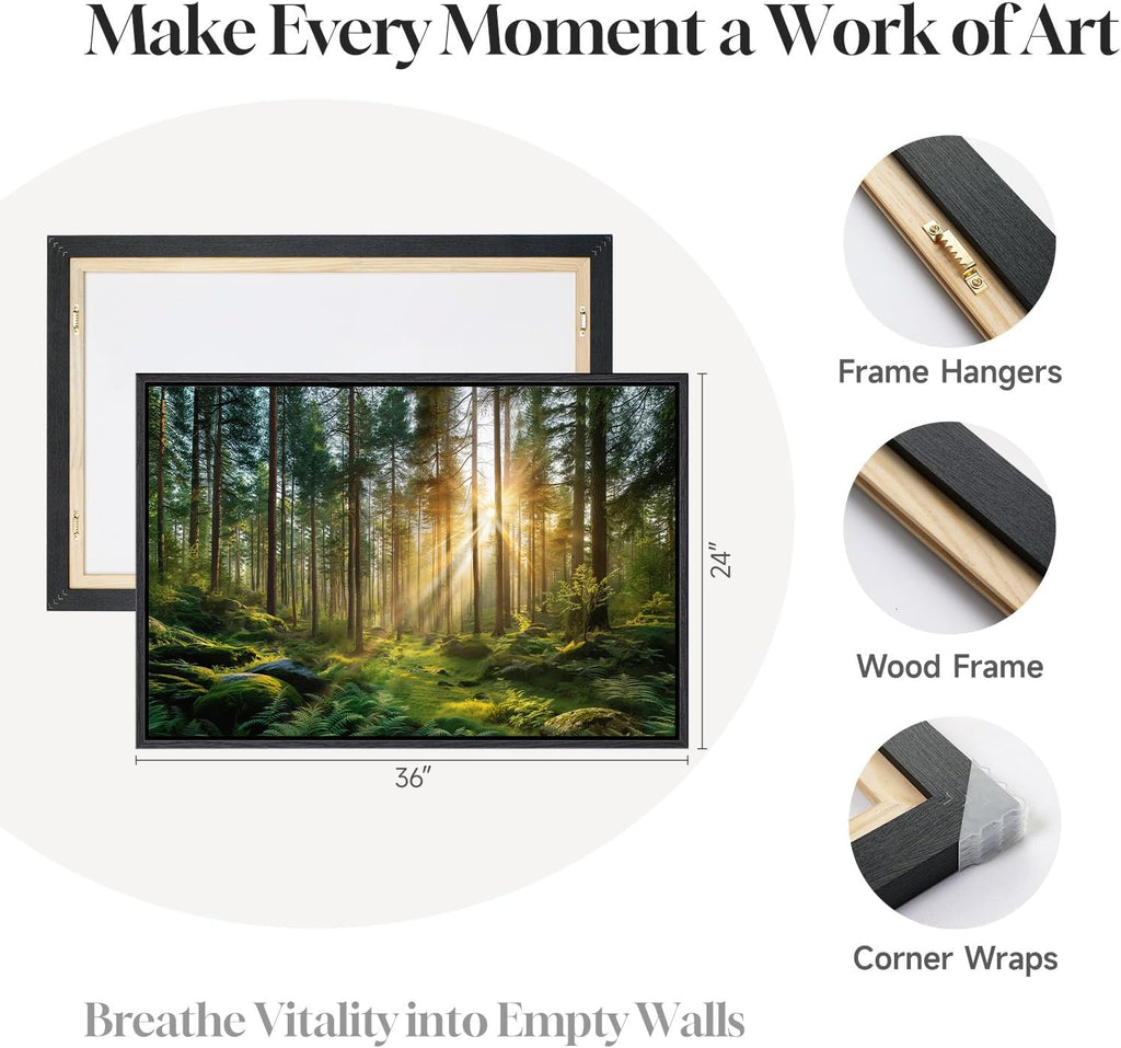 Framed Forest Landscape Wall Art, Horizontal Nature Sunset Canvas Artwork for Walls, Wilderness Scenery Photography