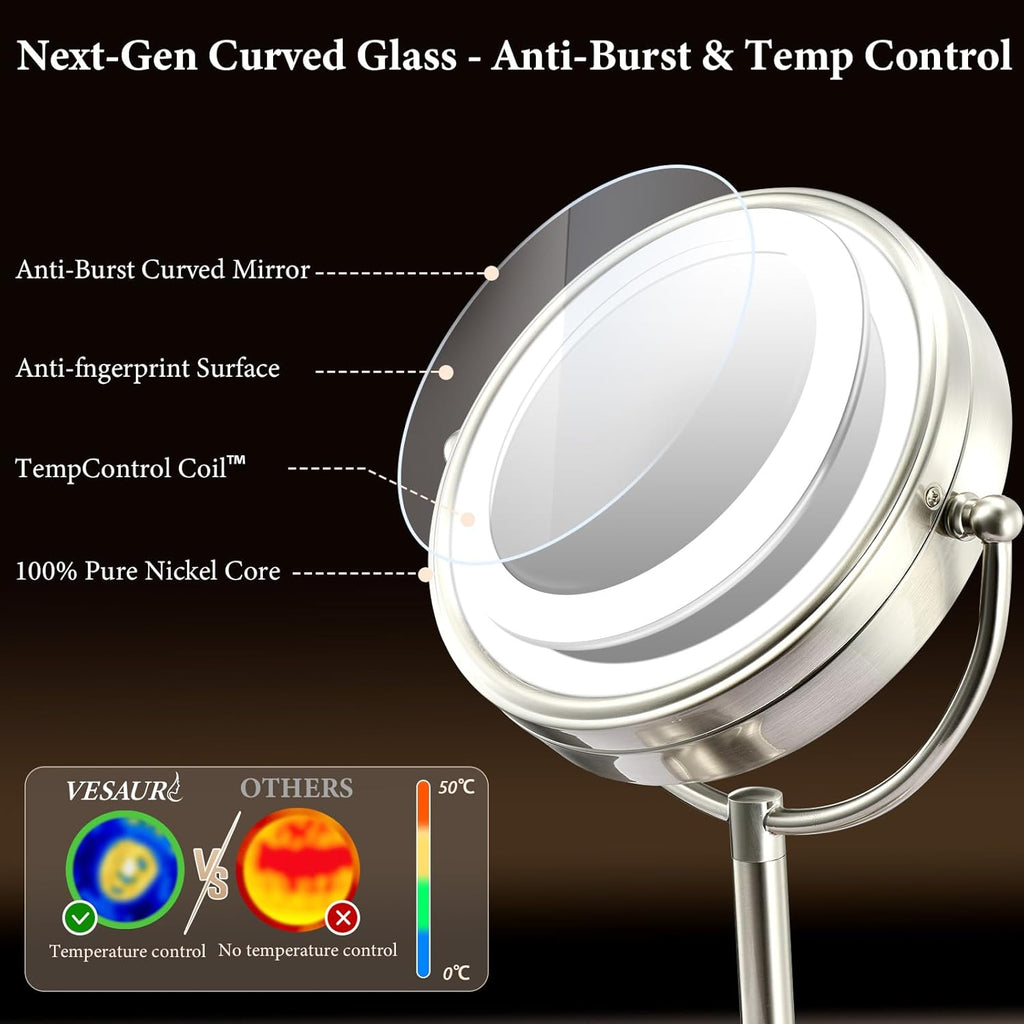 Professional 8.5" Large Lighted Makeup Mirror with Brighter Lights, 1X/10X True HD Magnifying Mirror with 3 Color