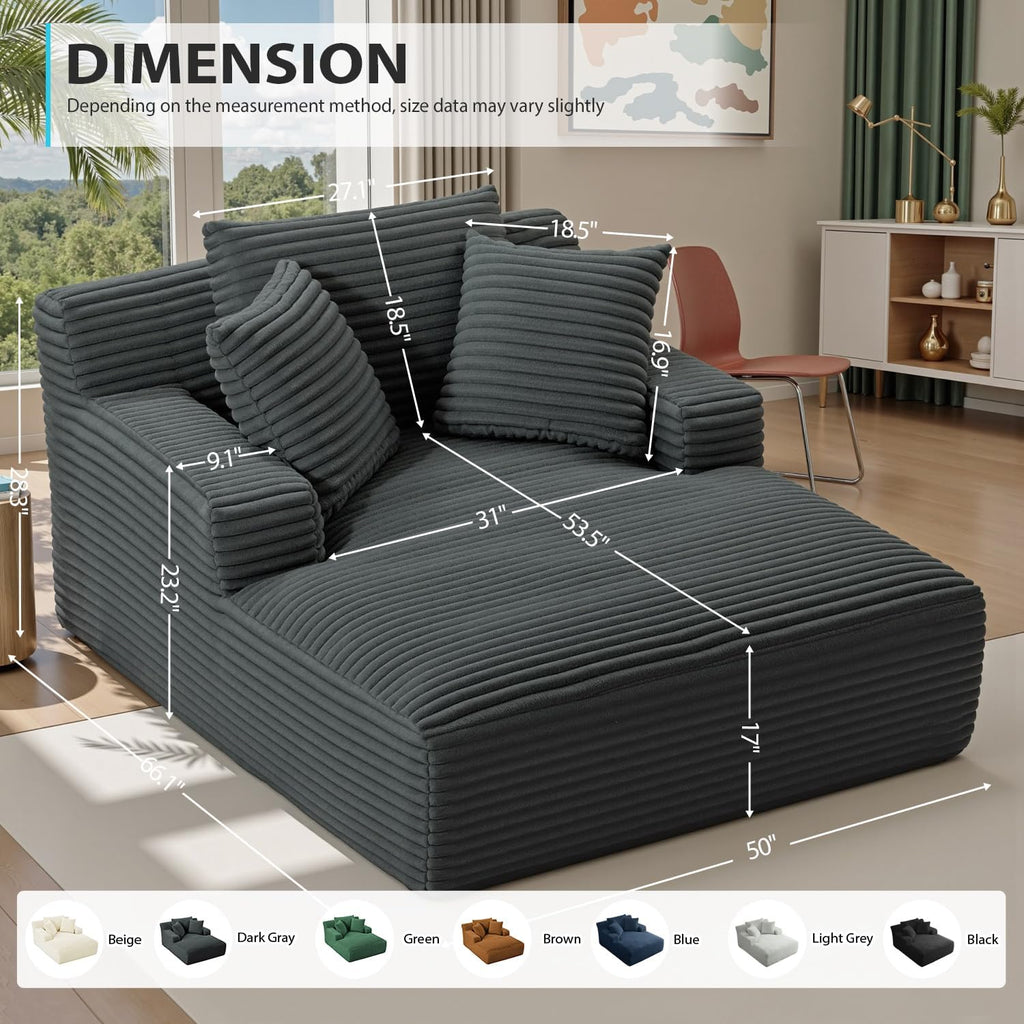 50 Inch Chaise Lounge Chair Indoor, Oversized Corduroy Upholstered Boneless Sofa Bed, Deep Seat Sleeper Couch Reading